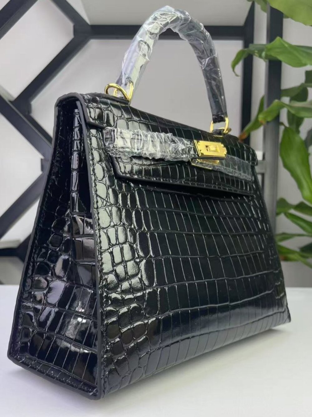 Black Embossed Genuine Leather Top Handle Bag 25cm